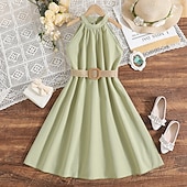 cheap Casual Dresses-Kids Girls&#039; Dress Solid Color Halter Neck Dress Above Knee Dress School Halter Off Shoulder Sleeveless Fashion Dress 7-13 Years Summer Light Green