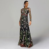economico FLORALI-Matrimonio sulla spiaggia Abiti da sposa a colonna Abito floreale Semi formale Festa in giardino Lunghezza a pavimento Maniche lunghe Scollatura a gioiello Autunno Inviti a matrimoni Tulle con ricamo
