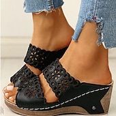 abordables Sandales Décontractées-sandales compensées noires pour femmes avec motif floral découpé – chaussures d&#039;été confortables à enfiler avec détails de couture