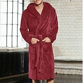 billiga Morgonrockar-Herr Plusstorlekar Pyjamas Morgonrock Badrockar Sovkläder Ren färg Varm Plysh Hem Säng Skinna Flanell Varm Långärmad Huvtröja Vinter Höst Svart Rubinrött
