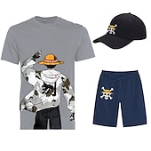 cheap Cartoon &amp; Movie Character Graphic-Three Piece Printed T-Shirt Shorts Baseball Caps Co-ord Sets One Piece Monkey D. Luffy Graphic Outfits &amp; Matching For Men&#039;s Adults&#039; Casual Daily Running Gym Sports