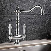 cheap Classical-Twin Lever Traditional Kitchen Sink Mixer Taps, Dual Lever Cold and Hot Faucet Deck Mounted, 360° Swivel Spout Sink Tap with 2 Ceramic Handles, Antique Brass Classic Double Handle for Kitchen Bathroom