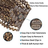 cheap Clip in Hair Extensions-Two Tone Color 14Inch Jerry Curly Clip in Hair Extension Human Hair #4 Dark Brown Color with #27 Strawberry Blonde Color 3B 3C Curly Double Weft with 7pieces 120Grams Per Pack