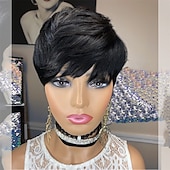economico Parrucche trendy sintetiche-parrucca pixie cut per donne nere capelli umani vergini al 100% nessuno parrucche a strati frontali in pizzo con frangia capelli umani veri brasiliani parrucche pixie corte per donne nere uso