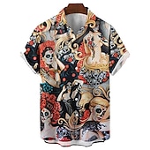 tanie Retro vintage druk-Męskie Liść palmowy Dziewczyna pozująca do zdjęć na plakatach Koszula Koszula hawajska Koszula Aloha Krótki rękaw Koszula Wieczorne Zabytkowe Moda Designerskie Urlop Codzienny Święto Żółty Niebieski
