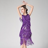 baratos Vestidos de Prática-Trajes de dança de dança latina vestido franjas borla ruching cor pura desempenho feminino vestido de festa treinamento sem mangas alta poliéster
