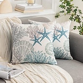 baratos Jogue travesseiros, inserções e capas-Fronha náutica costeira floral dupla face 2 peças capa de almofada quadrada decorativa macia fronha para quarto sofá sala sofá cadeira