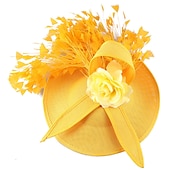 billige Coiffer-fascinators Sinamay Bryllup Kentucky Derby cocktail Retro Rød Brude Med Fjær Blomster Hodeplagg Hodeplagg