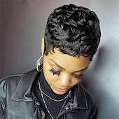 abordables Perruques de qualité supérieure-perruques de cheveux courts coupe de lutin droite courte bob perruque pour les femmes noires 100% brésilienne vierge de cheveux humains non dentelle pleine machine faite 6 pouces naturel noir couleur