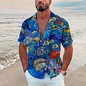 abordables Impression océan-Homme Tropical Poissons Monde sous marin Chemise Chemise hawaïenne Chemise Camp Manche Courte Chemise Col rabattu Mode Design Décontractées Extérieur Plein Air Casual Mer bleue Noir bleu marine 3D