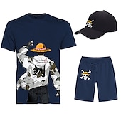 cheap Cartoon &amp; Movie Character Graphic-Three Piece Printed T-Shirt Shorts Baseball Caps Co-ord Sets One Piece Monkey D. Luffy Graphic Outfits &amp; Matching For Men&#039;s Adults&#039; Casual Daily Running Gym Sports