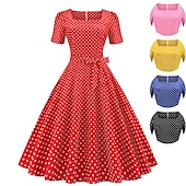 abordables Vestidos de fiesta-Mujer Vestido Midi Vestido vintage Vestido informal Vestido de Columpio Vestido de Patinaje Vintage 1950s Invitado a la boda Diario Festivos Ajuste regular A Lunares Manga Corta Escote Cuadrado Negro