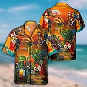 voordelige Vogels &amp; Dieren-Voor heren Papegaai Bladeren Overhemd Hawaiiaans overhemd Aloha-shirt Korte mouw Overhemd Strijkijzer Tropisch Modieus Hawaii Casual Hawaii Feestdagen Zwart Geel Zwart / Bruin S M L