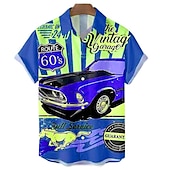 cheap Retro Vintage Print-Men&#039;s Car Letter Shirt Summer Hawaiian Shirt Aloha Shirt Short Sleeve Shirt Turndown Vintage Fashion Hawaiian Outdoor Street Casual Red Royal Blue Blue 3D Print S M L
