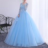 abordables Robes de bal de promo-Robe de bal Quinzeanera robe de princesse performance Quinzeanera longueur sol manches longues décolleté en V avec cristaux appliques robe à impressionner