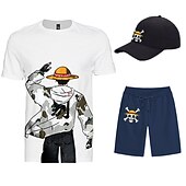cheap Cartoon &amp; Movie Character Graphic-Three Piece Printed T-Shirt Shorts Baseball Caps Co-ord Sets One Piece Monkey D. Luffy Graphic Outfits &amp; Matching For Men&#039;s Adults&#039; Casual Daily Running Gym Sports