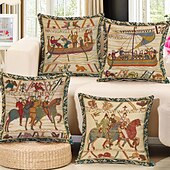 baratos Jogue travesseiros, inserções e capas-Capa de almofada quadrada bayeux medieval dupla 4 peças, capa de almofada quadrada decorativa macia para quarto, sofá da sala, cadeira