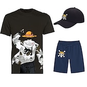 cheap Cartoon &amp; Movie Character Graphic-Three Piece Printed T-Shirt Shorts Baseball Caps Co-ord Sets One Piece Monkey D. Luffy Graphic Outfits &amp; Matching For Men&#039;s Adults&#039; Casual Daily Running Gym Sports