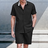 cheap Men&#039;s Basic Shirts Sets-Men&#039;s Cotton Linen Shirt Summer Shirt Beach Shirt Shirt Suits Plain Daily Hawaiian Black White Sky Blue Gray Short Sleeves Turndown Summer Clothing Apparel