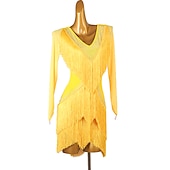 preiswerte Kleidung für lateinamerikanische Tänze-Tanz-Salsa-Latin-Tanzkleid mit Fransen, Quasten, Kristallen/Strasssteinen, Damen, Performance-Training, lange Ärmel, Chinlon