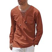preiswerte Business Casual-Herren Hemd aus Baumwollleinen Sommerhemd Strandhemd Glatt Casual Täglich Dunkelrot Langarm V Ausschnitt Sommer Bekleidung Tasche