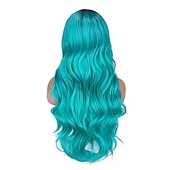 economico Parrucche dei personaggi dei film-amo le parrucche bluastre verdi ombre lunghe ricce ondulate blu acquamarina parrucca con parte laterale 2 toni radici scure parrucche sintetiche per feste quotidiane cosplay per donne parrucche di