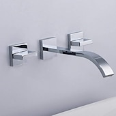 cheap Wall Mount-Wall Mounted Bathroom Sink Mixer Faucet Waterfall, Widespread Basin Taps Vintage Brass 2 Handles 3 Holes Washroom Wash Baxin Tap with Cold Hot Water Hose