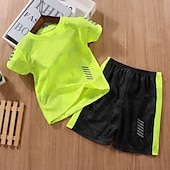 billiga Kläder för pojkar-2 delar Barn Pojkar Träningsoveraller Utrusta Färgblock Kortärmad Crewneck Bomull Uppsättning Sport Sommar Vår 7-13 år Vit Gul Ljusgrön