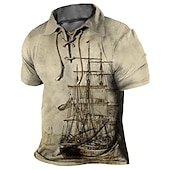 ieftine Polo vintage pentru bărbați-Bărbați Imprimeu Grafic Epocă Barcă Tricou POLO Cămașă de golf Manșon scurt Cămașă Răsfrânt În aer liber Stradă Albastru Lac Albastru piscină Maro Kaki Gri Cordon Imprimeu Îmbrăcăminte Sport Modă Șic
