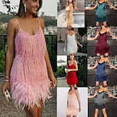 preiswerte Abiballkleid-A-Linie Party Feder Kleider Strandhochzeit Funkelndes  Strahlendes Kleid Abschlussfeier Hochzeitsfeier Kurz  Mini Ärmellos Spaghetti-Träger Pailletten mit Federfransen Pailletten Kleid um zu