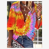 abordables Tops Boho pour Femmes-Chemise Femme Manches Longues Blouse Boutonnée Quotidienne Basique Néon  Lumineux Boutons Imprimé Hauts Regular Col en V Décontracté Jaune Orange Automne  Hiver