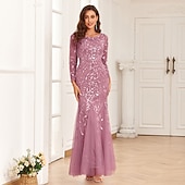 abordables Mariage Décontracté / de Jour-Robe du soir sirène élégante en sequins invitée de mariage bal longueur maxi à manches longues col bijou en tulle avec broderies pour impressionner