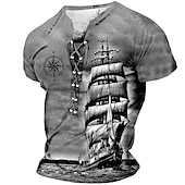 お買い得  ビンテージTシャツ-ヨットとコンパス メンズ グラフィック シャツ レースアップ 3D セーリング用 ブラウン サマー コットン Tシャツ 船 スタンドカラー 衣類 アパレル プリント デイリー スポーツ 半袖 ブラック ホワイト カジュアル グレー