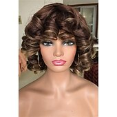 tanie Peruki najwyższej jakości-krótkie kręcone peruki dla czarnych kobiet z grzywką duże sprężyste puszyste perwersyjne kręcone peruki odporne na ciepło miękkie syntetyczne 2 odcienie ombre najciemniejszy brąz krótkie kręcone afro