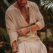 voordelige Vakantie-Voor heren linnen overhemd Viking-stijl Zomer overhemd Strand Kleding Normaal shirt Effen Vakantie Curise Wit Groen Lange mouw V-hals Lente zomer Kleding