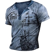 ieftine Vintage&amp;amp;Retro-Bărbați Grafic Navă Cranii Cămașă Henley Tricou Raglan Manșon scurt Tipărire 3D Modă Designer Comfortabil În aer liber Zilnic Vară Albastru piscină Roșu Mov Maro Trifoi Henley Tricou Henley