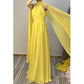 abordables JAUNE-Robe de soirée A-Line plage élégante robe invité de mariage longueur sol sans manches haut capes en tulle avec froncé 2025
