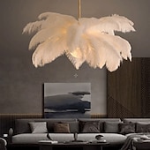 ieftine Lumini insulare-candelabru cu pandantiv cu LED superb, extra mare, 60 cm, 1 lumină, buchet de pene de struț alb, pandantiv, corp de iluminat montat romantic pentru dormitorul restaurantului