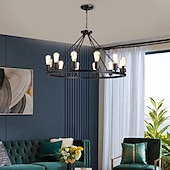 preiswerte Pendelleuchte-LED-Pendelleuchte Vintage-Kronleuchter aus lackiertem Metall, mit 6/8/10/12 Lichtern, rustikale Vintage-Bauernhaus-Kronleuchter-Beleuchtung, Kutschenrad-Anhänger, schwarz