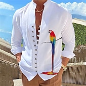 voordelige Vogels &amp; Dieren-Voor heren Papegaai Overhemd Hawaiiaans overhemd Aloha-shirt Lange mouw Overhemd Opstaand Modieus Ontwerper Casual Buiten Vakantie Straat Wit blauw Blauw / Wit S M L
