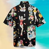 voordelige Retro Vintage Print-Voor heren Hula meisjes Overhemd Hawaiiaans overhemd Aloha-shirt Korte Mouw Overhemd Strijkijzer Modieus Streetwear Ontwerper Buiten Straat Casual Abrikoos Zwart S M L