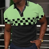 abordables Polo géométrique pour homme-Homme Plaid Polo Chemise de golf Manche Courte Polos Col en V Occasionnel Vêtements de vacances Tenue formelle Vêtements de festival Impression 3D Noir Jaune Bleu