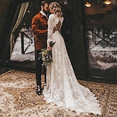 preiswerte lässige Brautkleider-Strandhochzeit Strand Offene Rückseite Boho Hochzeitskleider A-Linie V-Neck Lange Ärmel Gerichtszug Spitze Brautkleider mit einfarbig