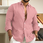 cheap Home-Men&#039;s Linen Shirt Summer Shirt Beach Wear Casual Shirt Button Up Shirt Plain Casual Daily Black White Pink Navy Blue Long Sleeve Lapel Spring &amp; Summer Clothing Apparel
