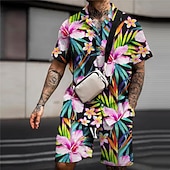 Men's Floral Tropical Flowers Leaves 2pcs Shirts Sets Summer Hawaiian Shirt Short Sleeve Short Pants Turndown Fashion Streetwear Designer Outdoor Street Casual Print Summer Spring Pink Green4