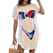 billiga Rolig grafik-dambikiniskjorta täcka upp klänning rolig söt bikinitryck för badkläder kortärmad 3d-grafik baggy badkläder täckning