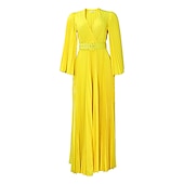 abordables Robes de fête-Robes de Fête A-Ligne Robe Volante Invité de Mariage Vacances Longueur De Sol Manches 3/4 Col en V Ceinture  Sash Chiffon avec Plis robe à impressionner