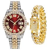 cheap Quartz Watches-Men&#039;s Quartz Watch with Chain Bracelet Set Fashion Luxury Bling Diamond Hiphop Analog Men Quartz Wristwatch Calendar Waterproof Men&#039;s Watch