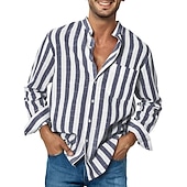 preiswerte Herrenhemd zum Knöpfen-Herren Hemd Sommerhemd Freizeithemd Strandhemd Knopfhemd Gestreifte Hemden Schwarz Rote Blau Grün Grau Langarm Gestreift Großvaterkragen Kragen Urlaub Täglich Druck Bekleidung Polyester Mode Lässig