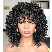 abordables Perruques de qualité supérieure-perruques afro bouclées noires avec des reflets bruns chauds perruques avec une frange pour les femmes noires naturelles à la recherche d&#039;un usage quotidien